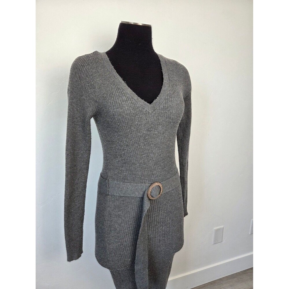 Iris Gray Knit Bodycon Midi Dress With Belt V Neckline Long Sleeve Old Money S